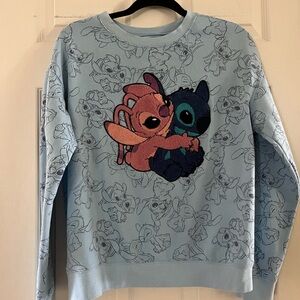 Disney Light Blue Crewneck Sweatshirt with Embroidered Stitch & Angel
